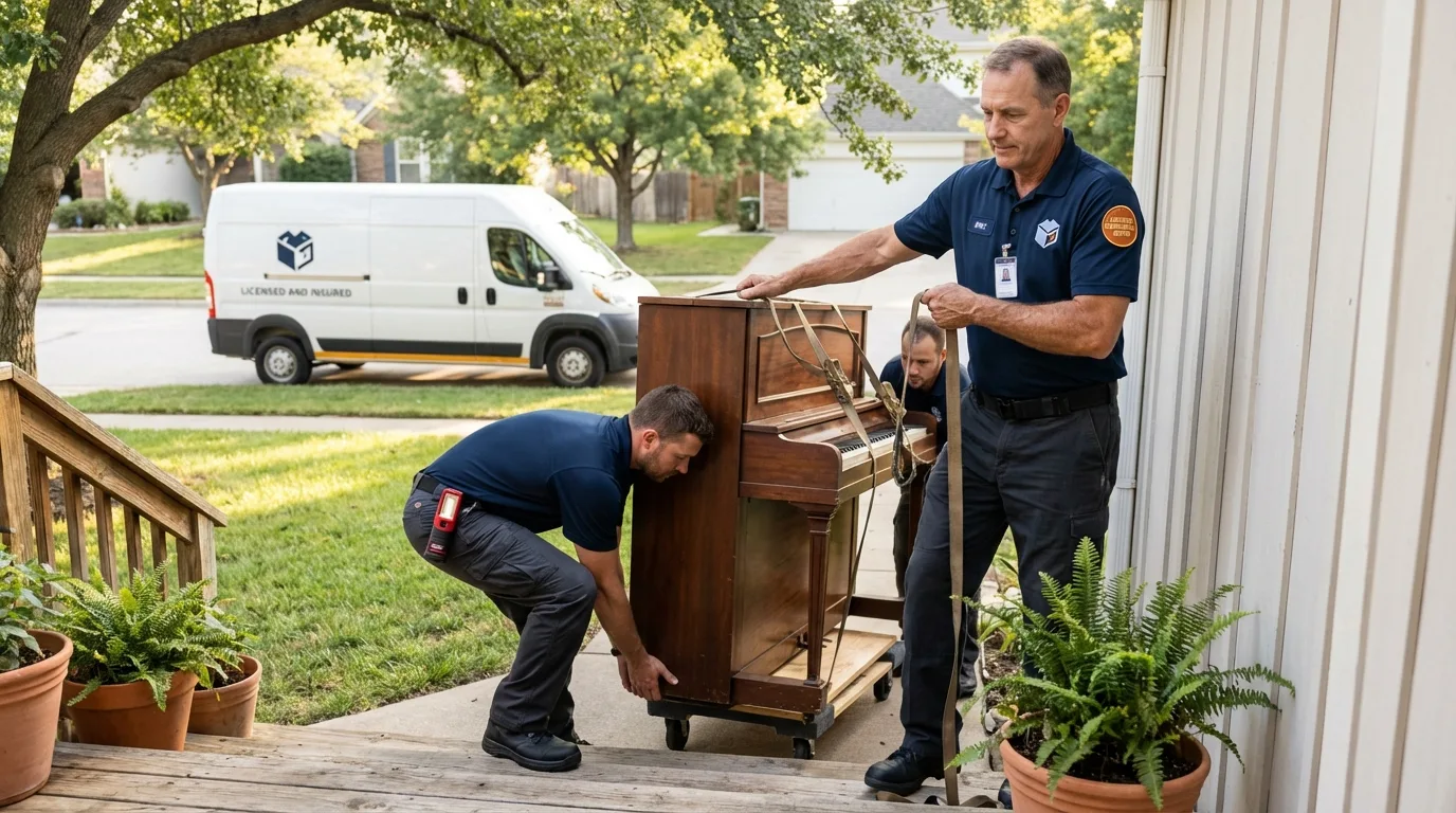 Licensed piano movers securing grand piano in Jacksonville Beach, FL