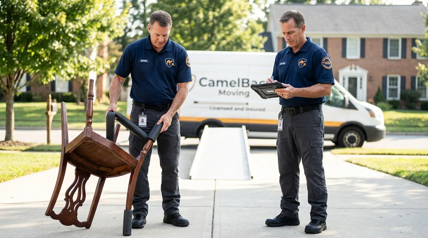 Movers inspecting furniture for damage prevention before loading in Jacksonville Beach, FL