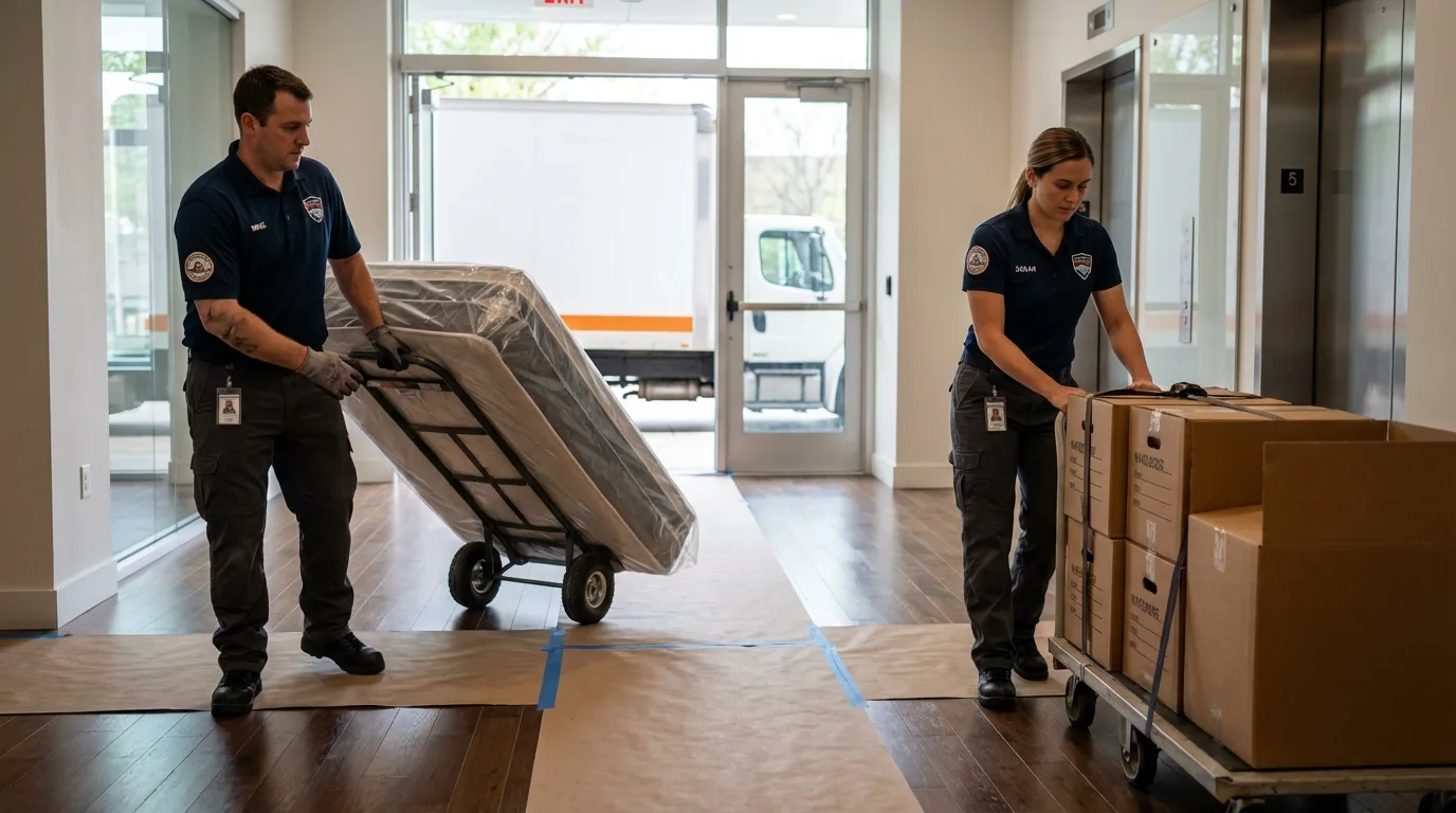 Professional apartment movers loading elevator in Jacksonville Beach, FL